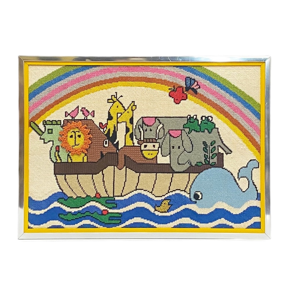 Vintage Retro Noah’s Ark Rainbow Completed Needlepoint Framed Wall Art